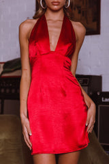 Falling Star Plunging Halterneck Mini Dress Red