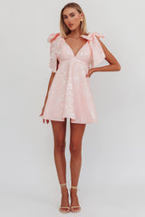 Chantilly Tied Shoulder Jacquard Mini Dress Blush