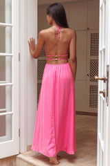 Cyndi Open Back Halterneck Maxi Dress Hot Pink