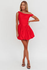 Celinda Asymmetric Neckline Balloon Mini Dress Red