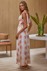 Equator Tied Shoulder Shirred Maxi Dress Floral Pink