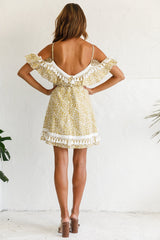 Hayman Cold-Shoulder Tassel Trim Dress Mustard Print