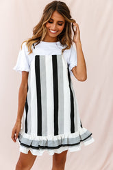 Daley Double-Frill Hem Shift Dress Stripe Print Black