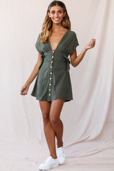 Dara Button Accent Dress Green Khaki