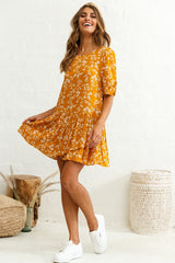 Marika Dropped Waist Short Sleeve Shift Dress Floral Print Mustard