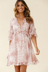 Gemma V-Neckline Frill Detail Dress Flower Print Nude