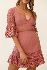 Believe It Crochet Detail Fluted Hem Dress Rose