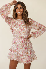 Dusk Long Sleeve Waist Tie Frill Dress Floral Print Beige