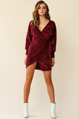 Isolde Ribbed Velour Wrap Dress Plum