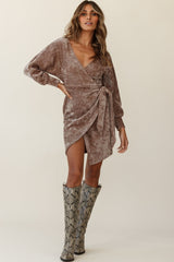 Isolde Ribbed Velour Wrap Dress Taupe