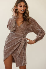 Isolde Ribbed Velour Wrap Dress Taupe