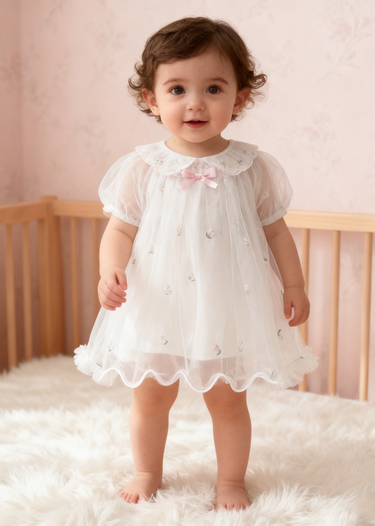 Little Embroidery Flower Mesh Dress (White Size 120)