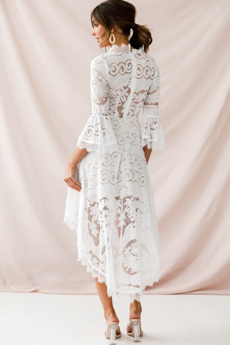 Chantilly High-Low Bell Sleeve Dress White