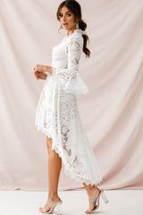Chantilly High-Low Bell Sleeve Dress White