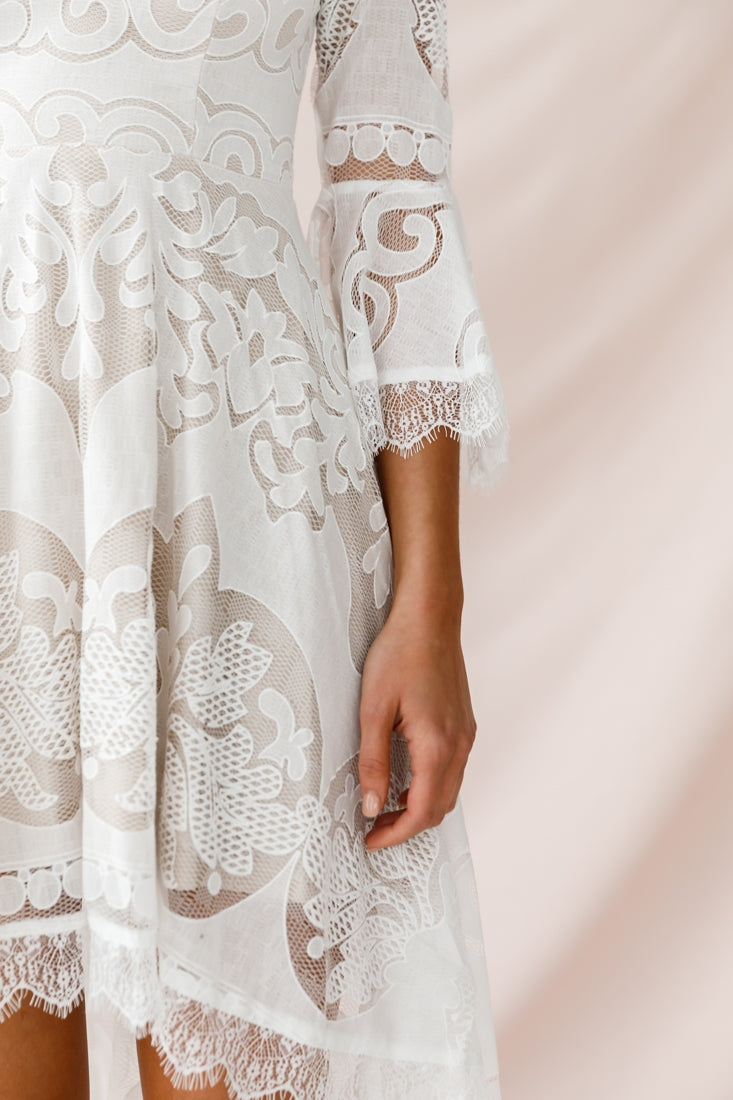 Chantilly High-Low Bell Sleeve Dress White