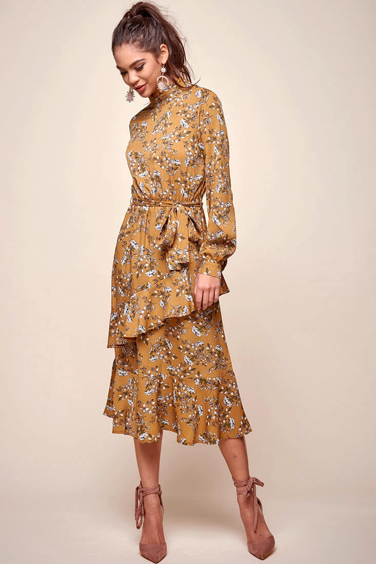 Jackson Waist Tie Bell Sleeve Dress Mustard