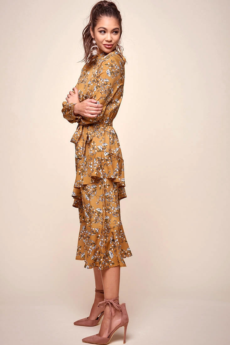 Jackson Waist Tie Bell Sleeve Dress Mustard