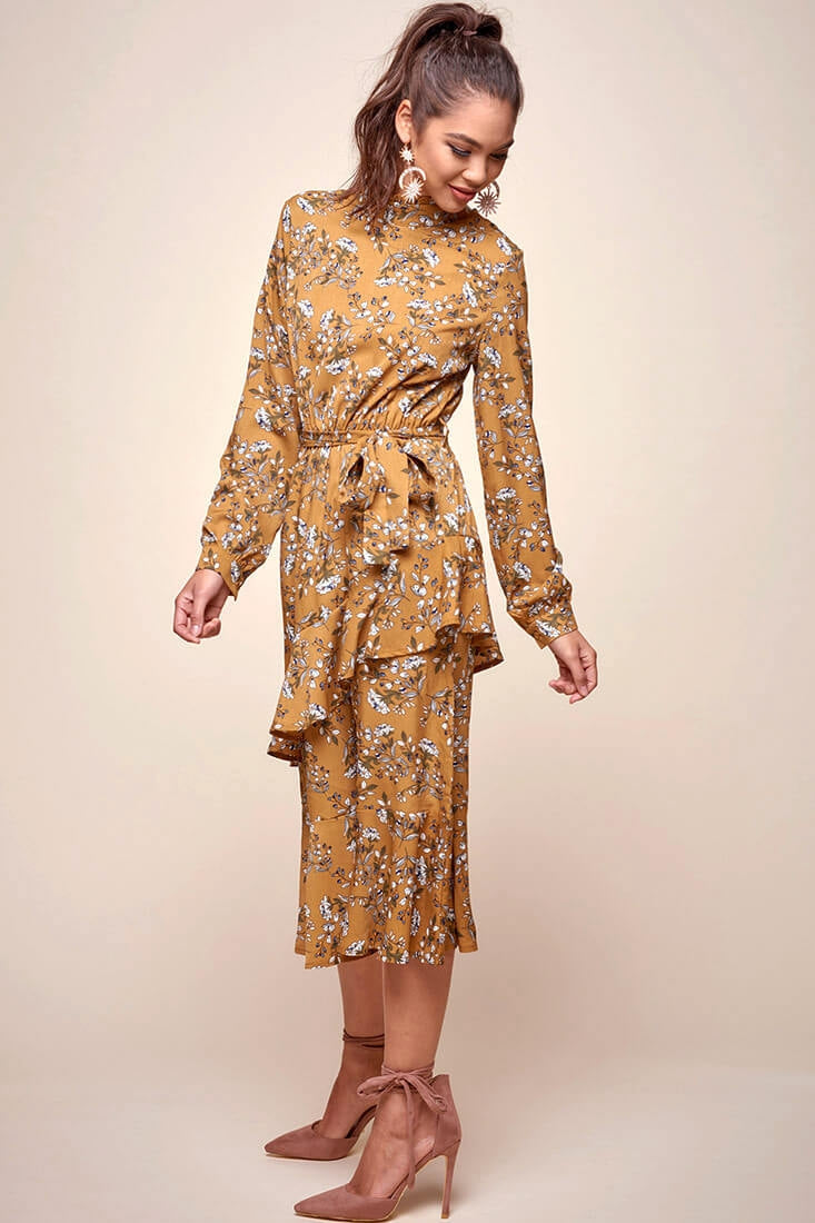 Jackson Waist Tie Bell Sleeve Dress Mustard