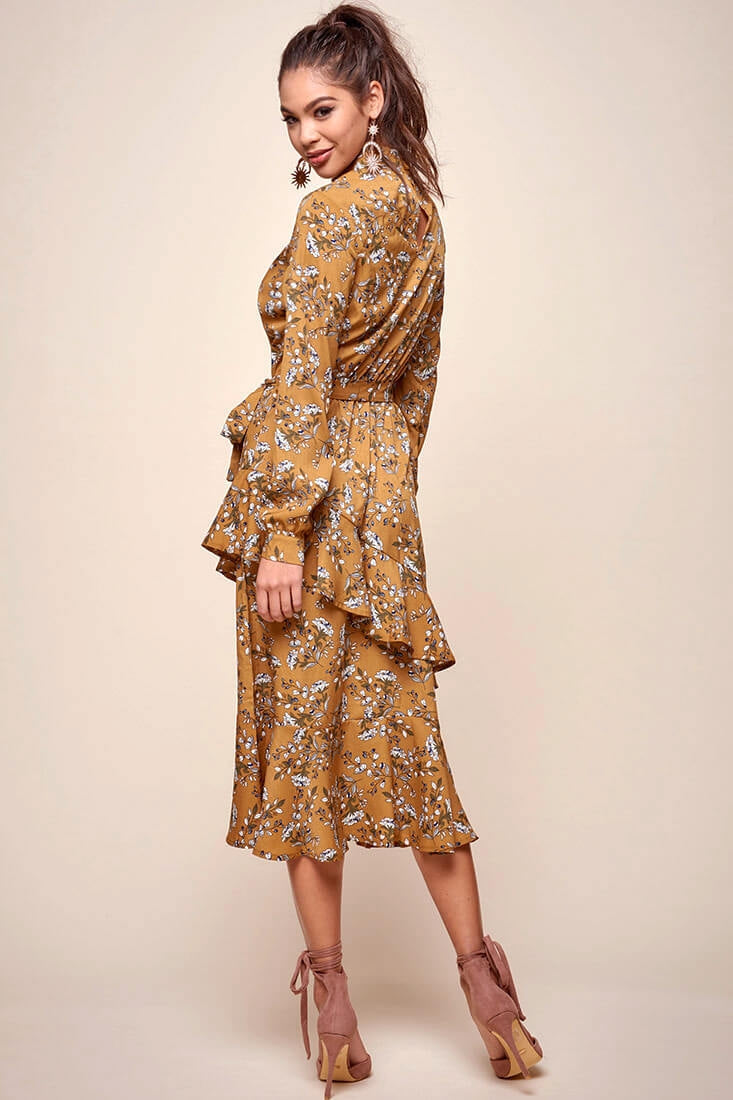 Jackson Waist Tie Bell Sleeve Dress Mustard