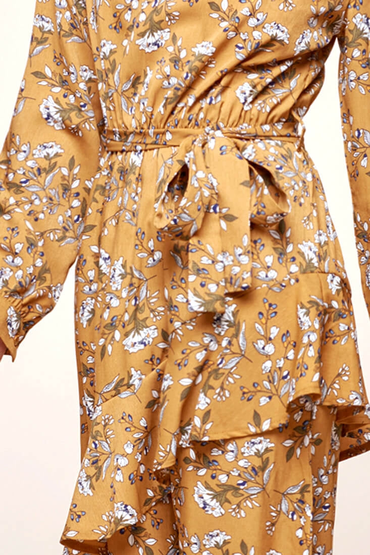 Jackson Waist Tie Bell Sleeve Dress Mustard