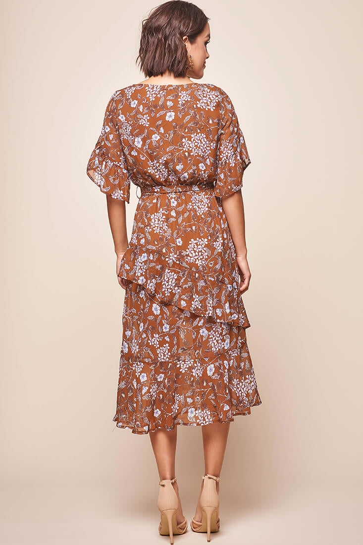 Jackson Waist Tie Ruffle Dress Rust Print