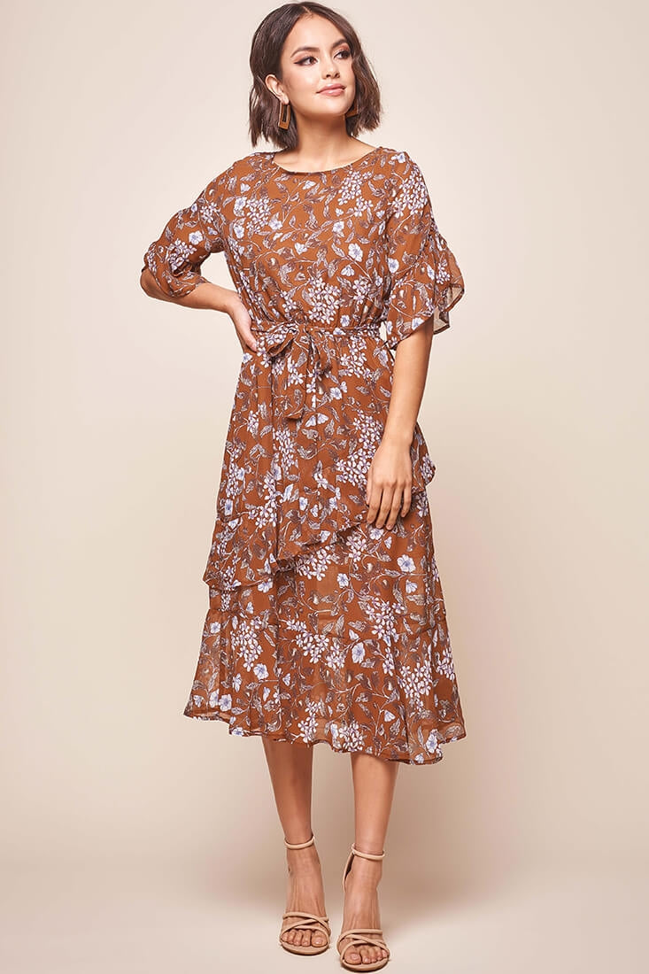 Jackson Waist Tie Ruffle Dress Rust Print