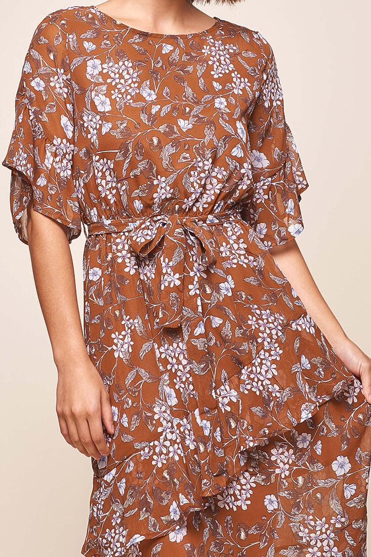 Jackson Waist Tie Ruffle Dress Rust Print