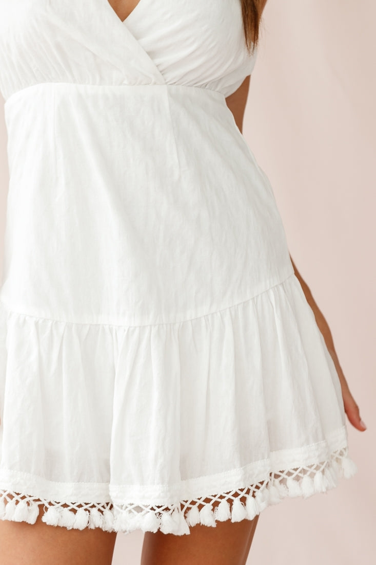 Lazy Days Tied Back Tassel Trim Dress White