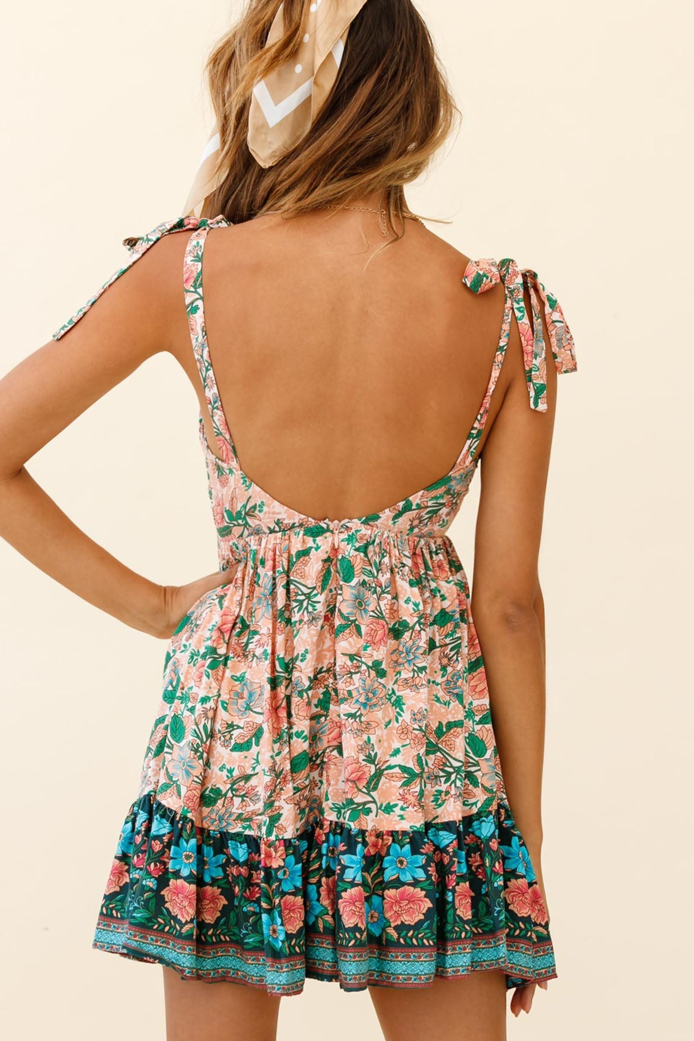 Go Get It Tied Shoulder Sun Dress Floral Print Nude