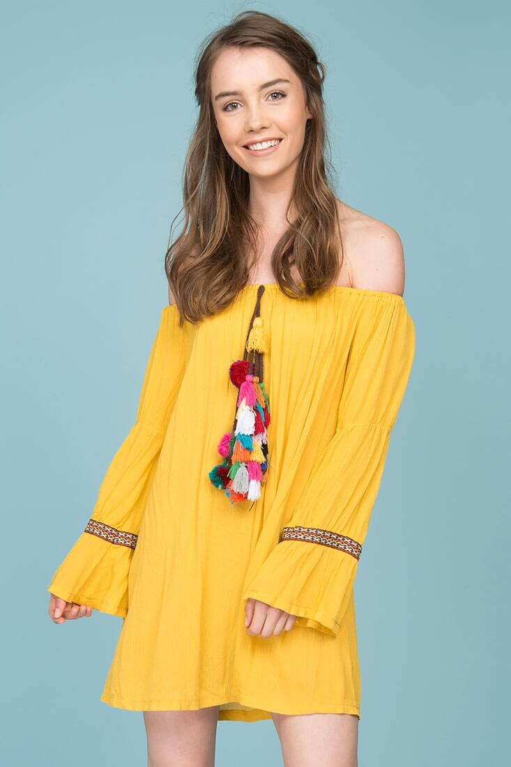 Jaelyn Tube Top Tassel Dress Yellow Mustard