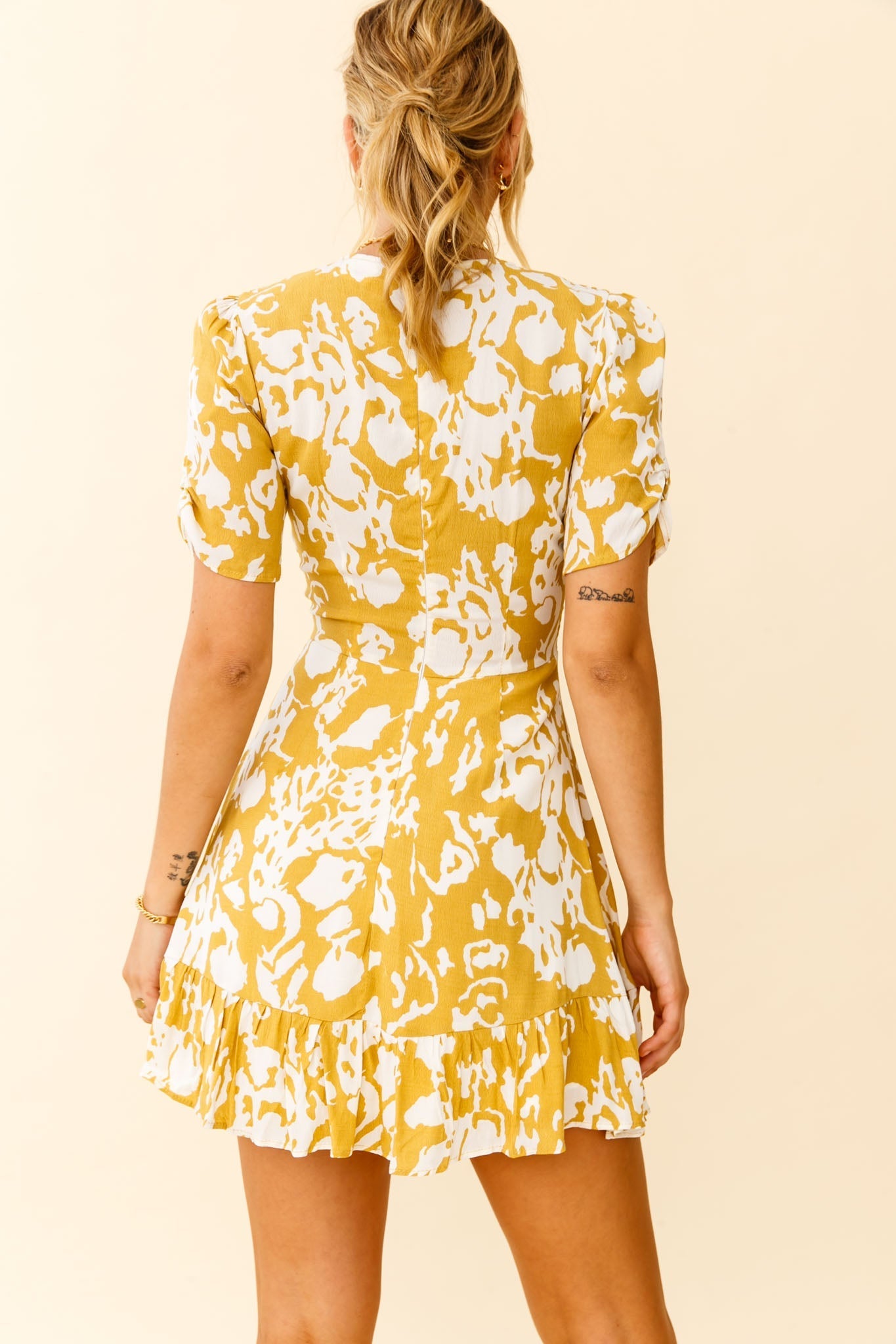 Georgina Ruched Sleeve Tea Dress Stencil Print Mustard