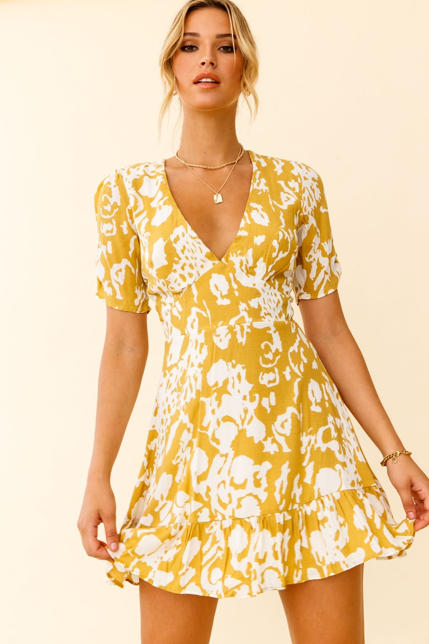 Georgina Ruched Sleeve Tea Dress Stencil Print Mustard