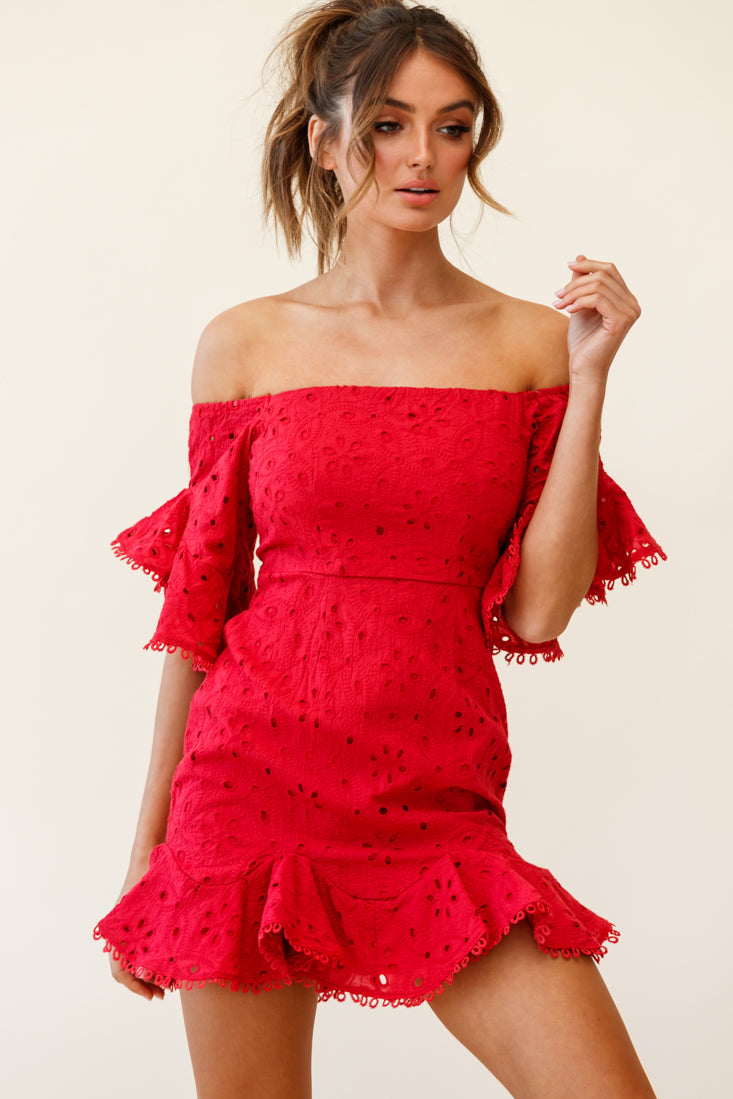 Elissa Off-Shoulder Broderie Anglaise Dress Red