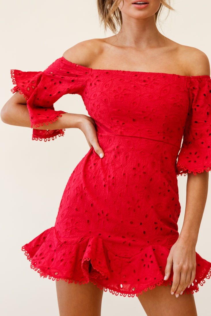 Elissa Off-Shoulder Broderie Anglaise Dress Red