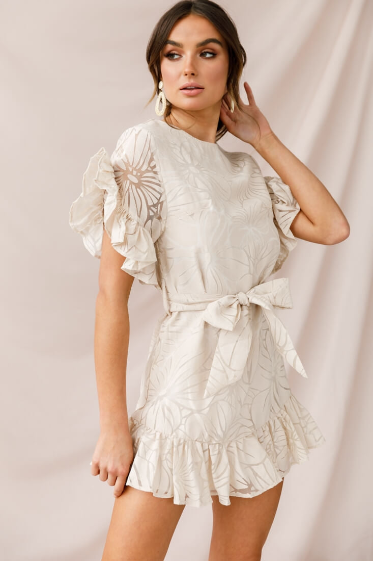 Coolum Ruffle Sleeve Dress Beige
