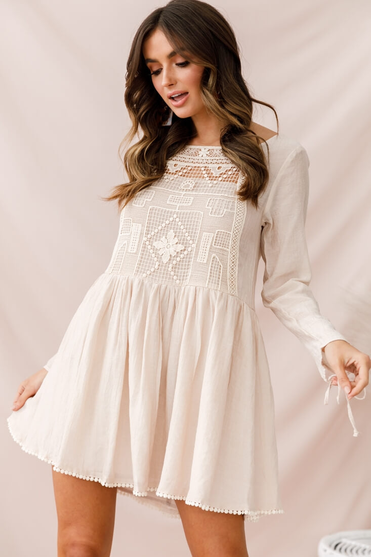Cassie Embroidered Bust Swing Dress Beige