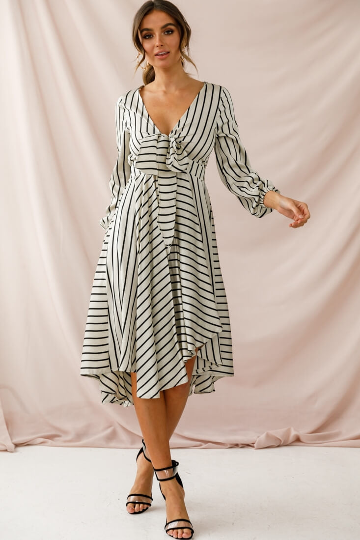 Essex Striped Bust Tie Midi Dress Beige