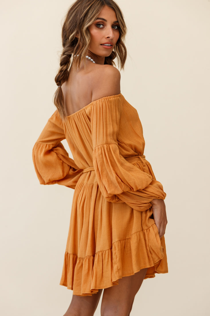 Frida Off-Shoulder Waist Tie Dress Tan