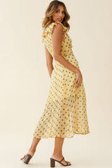 Karina Frill Neckline Midi Dress Polka Dot Print Mustard