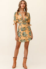 Camarillo Puff Sleeve Bow Detail Dress Leaf Print Sunset