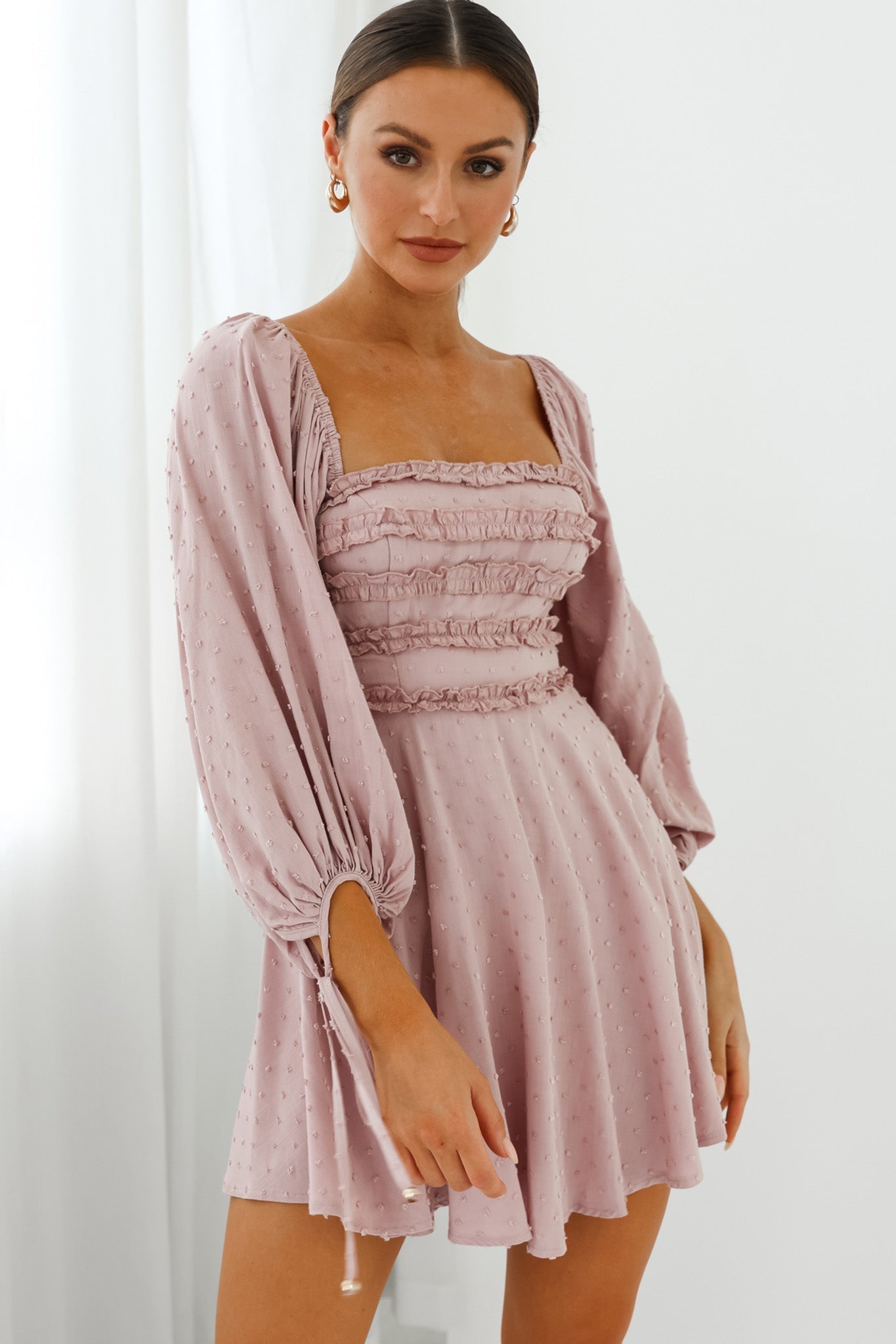 Illia Three-Quarter Balloon Sleeve Frill Bodice Dress Mauve