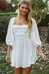 Illia Three-Quarter Balloon Sleeve Frill Bodice Dress White