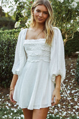 Illia Three-Quarter Balloon Sleeve Frill Bodice Dress White