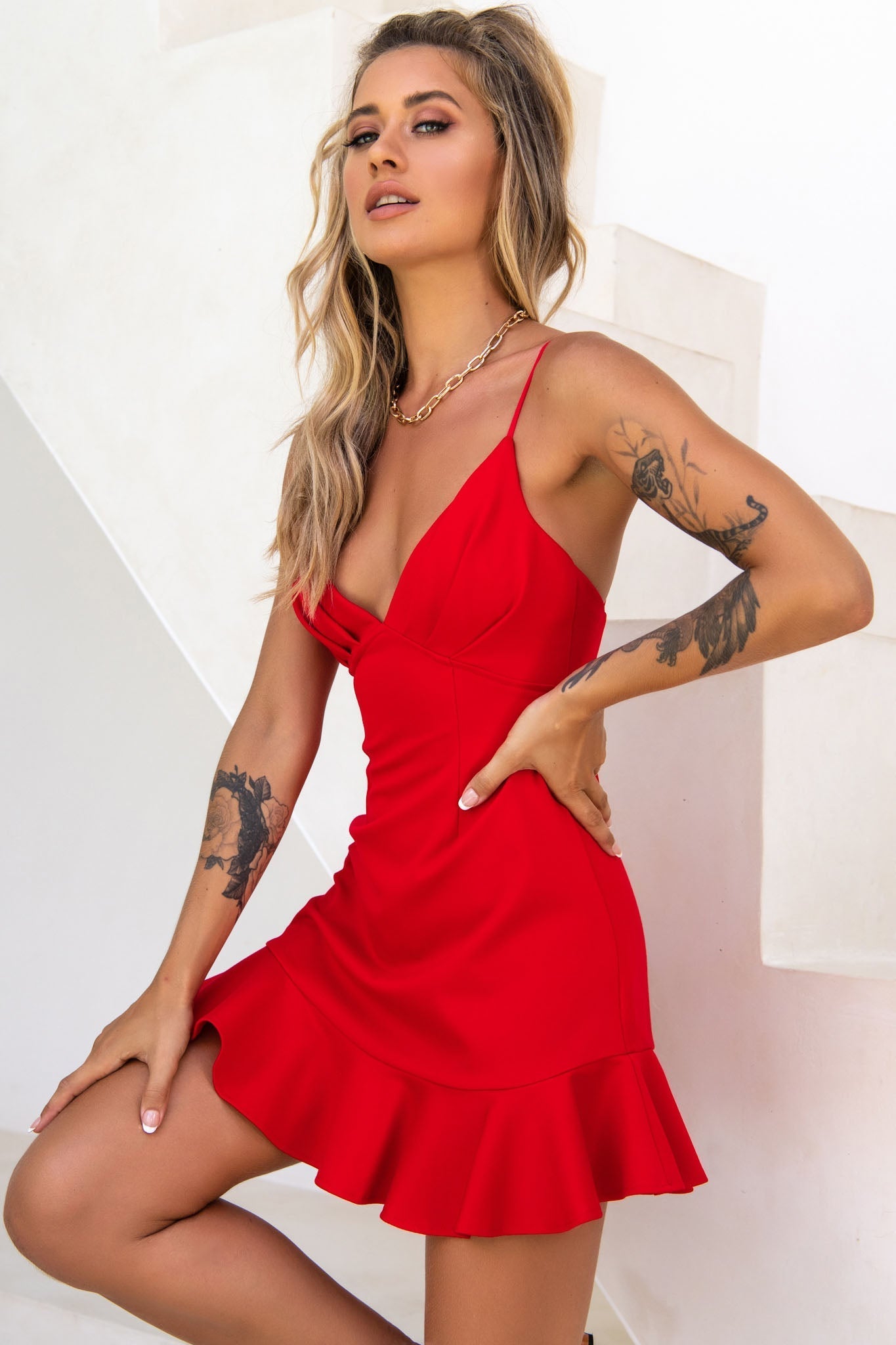 Chicago Pleated Bust Cami Strap Dress Red