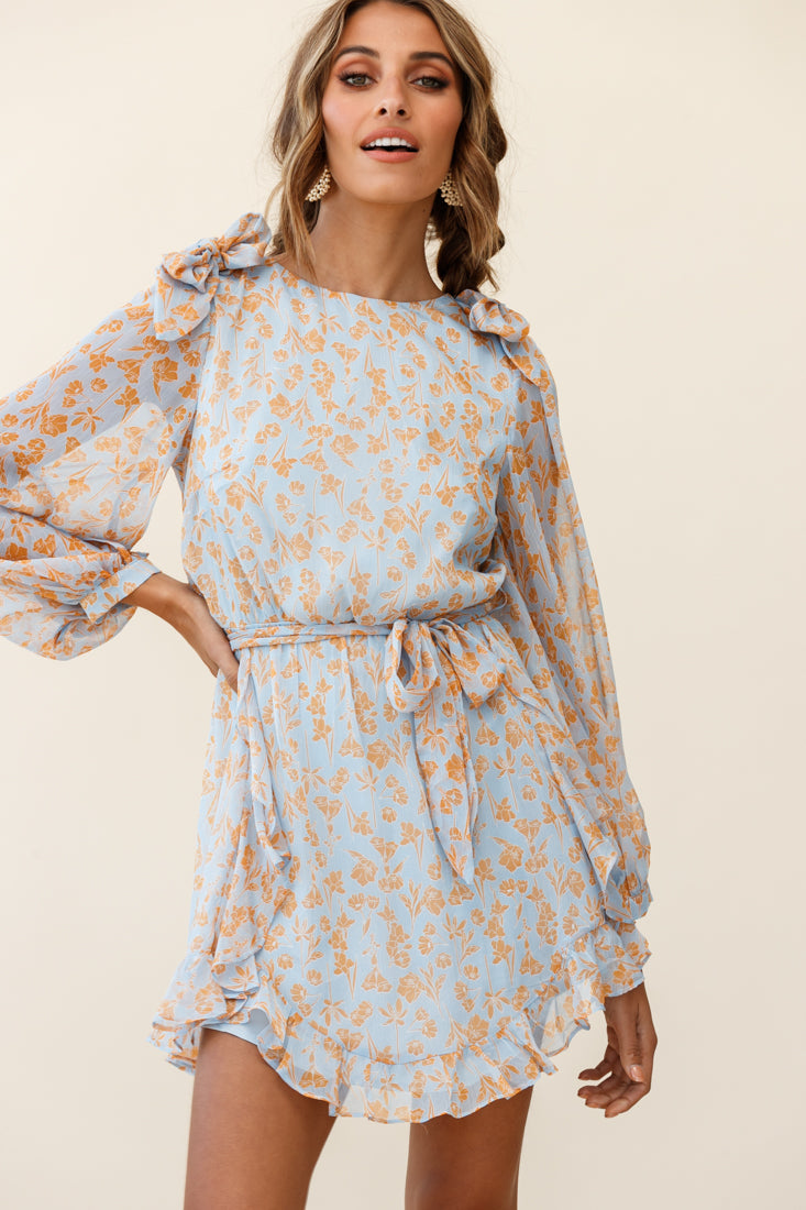 Leigh Long Sleeve Waist Tie Dress Floral Print Blue/Orange