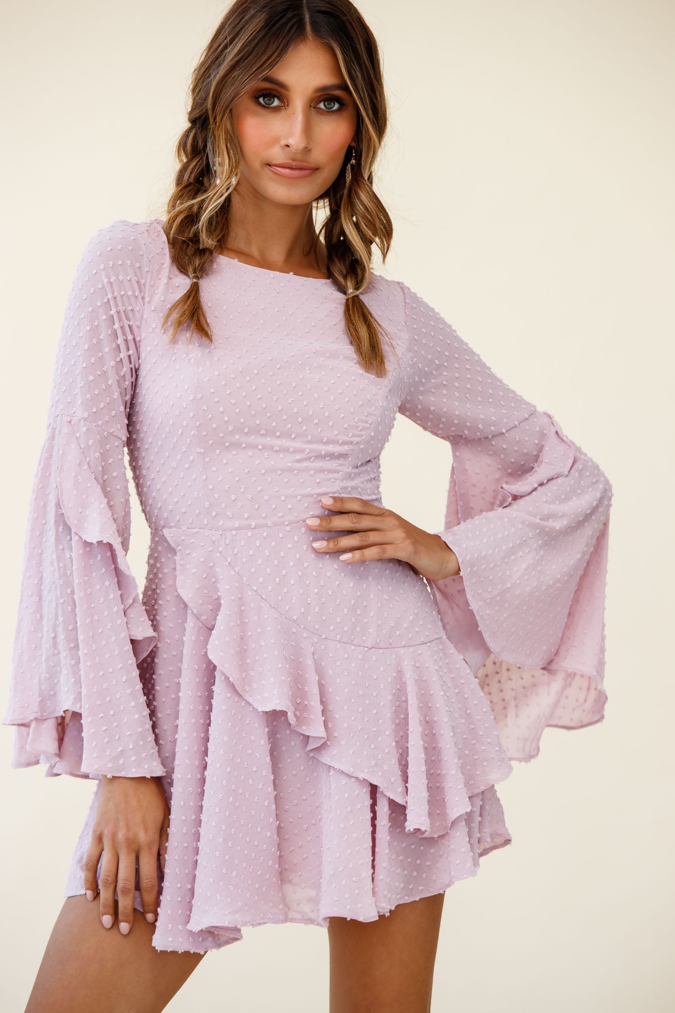 Carlini Flared Sleeve Boat Neckline Dress Blush