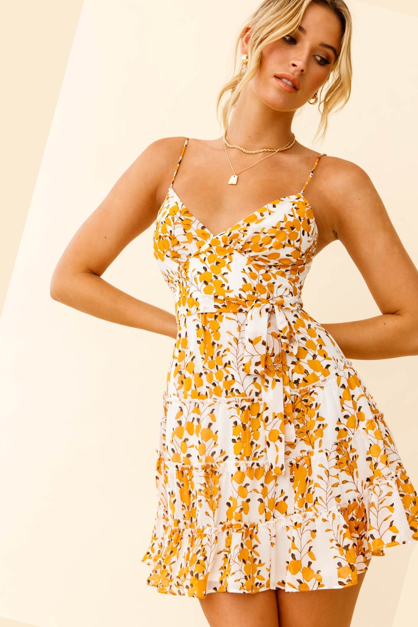 Jocelyn Cami Strap Waist Tie Ruffle Dress Floral Print Yellow