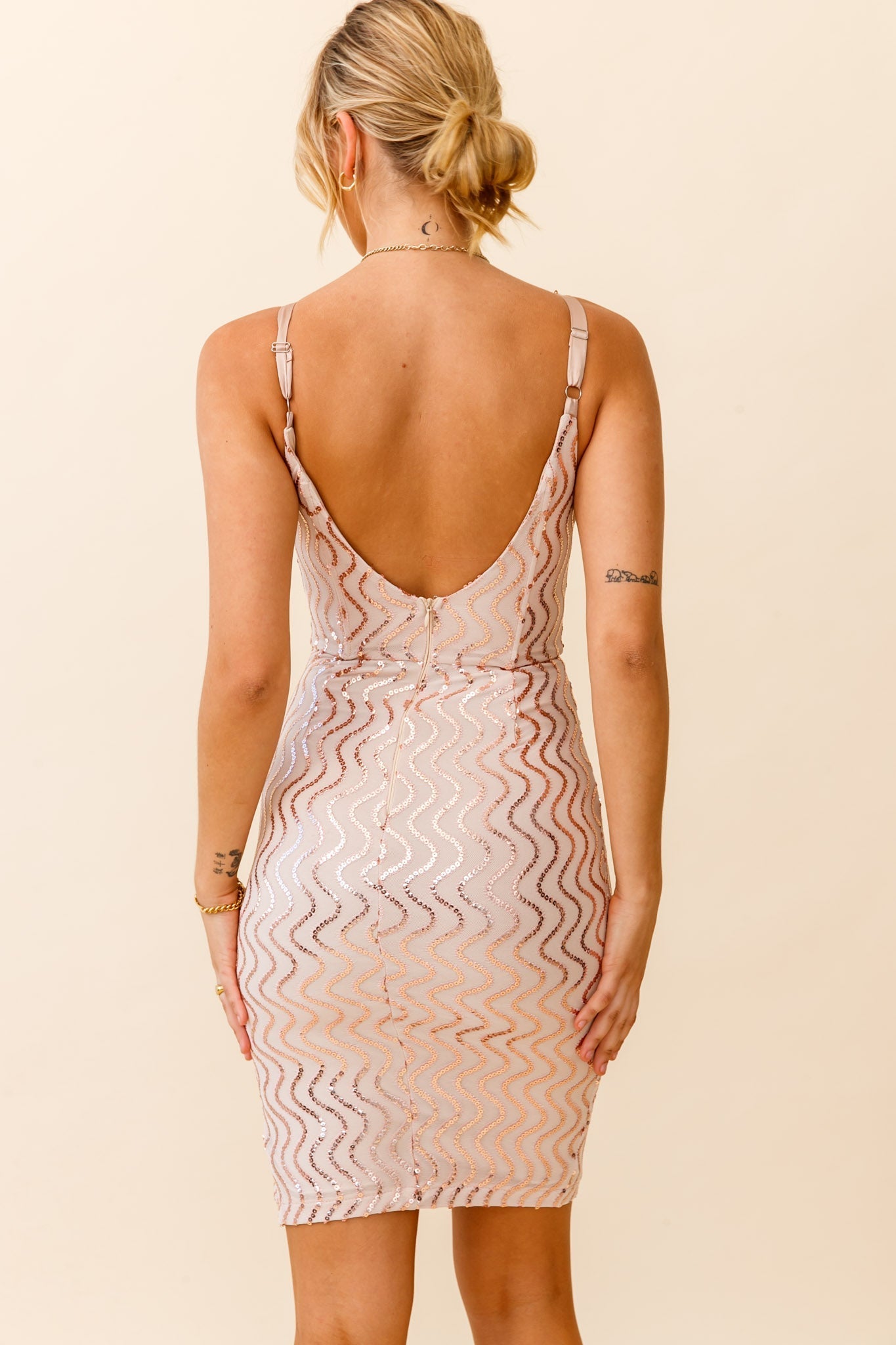 Juliana Scooped Back Sequin Embellished Dress Rose Gold