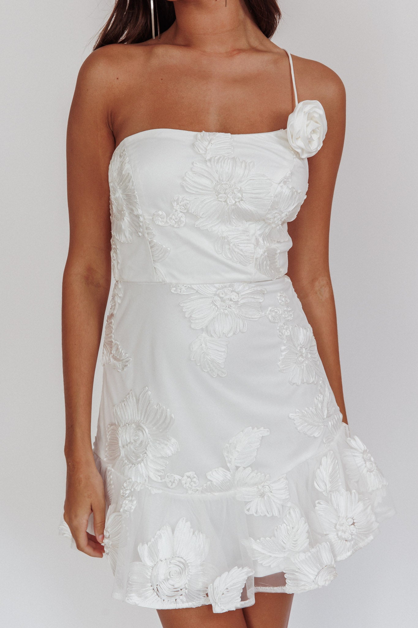 Lilah One-Shoulder Embellished Rosette Dress White