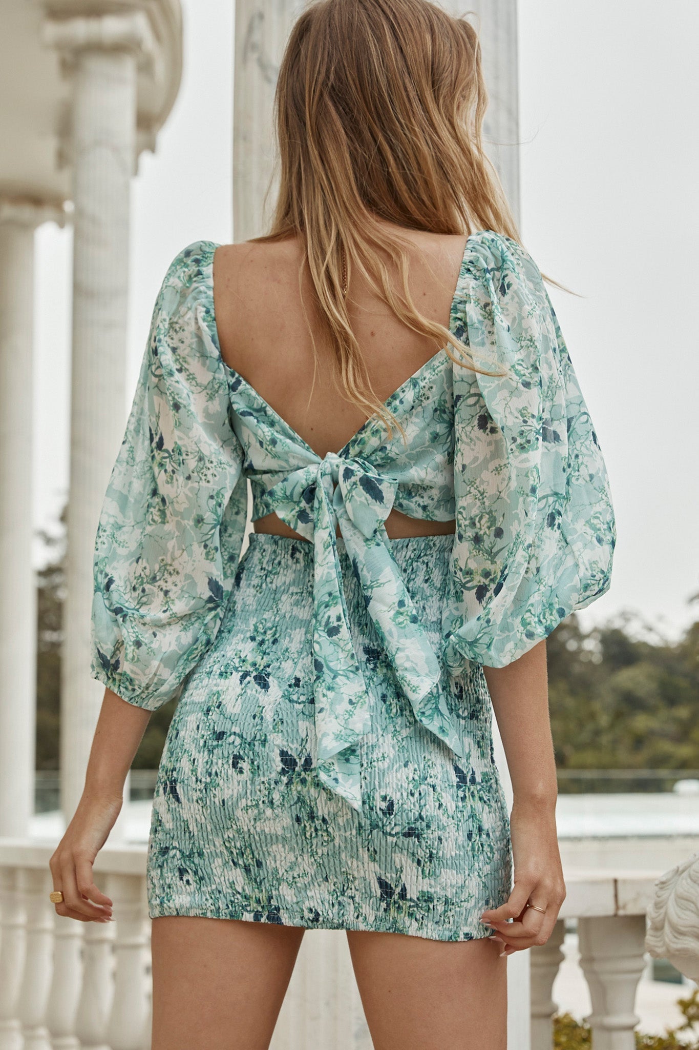 Joie Puff Sleeve Shirred Dress Floral Print Green